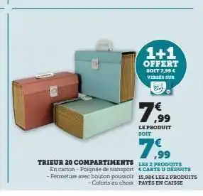 Trieur 20 compartiments en carton - poignée de transport - fermeture avec bouton poussoir - coloris au choix 1+1 offert s