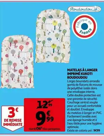 Auchan Matelas à langer imprimé kukoti roudoudou offre
