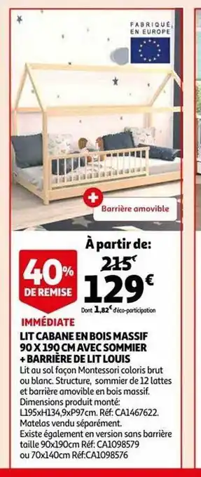 Auchan Lit cabane en bois massif avec sommier + barrière de lit louis offre