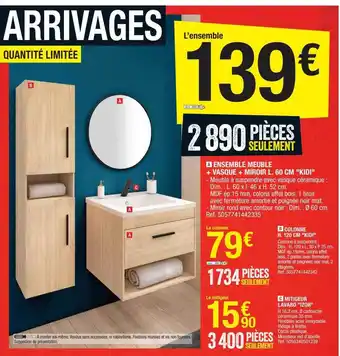 Brico Dépôt Ensemble meuble + vasque + miroir l. 60 cm offre