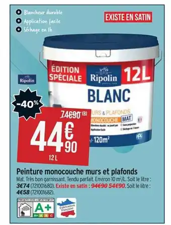 Bricorama Peinture monocouche murs et plafonds ripolin offre