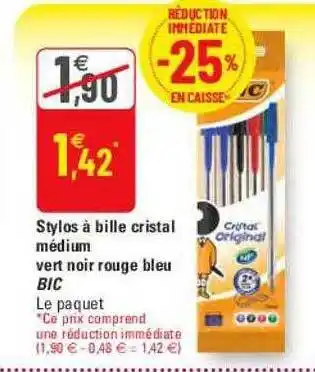 G20 Stylos à bille cristal médium vert noir rouge bleu bic le paquet offre