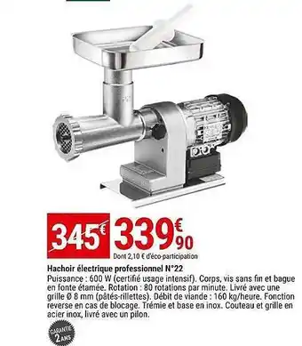 Gamm vert Hachoir électrique professionnel n°22 offre