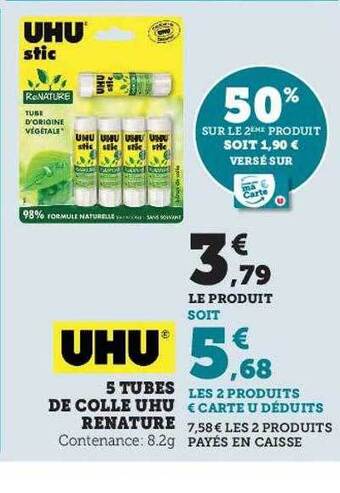 Hyper U 5 tubes de colle uhu renature offre