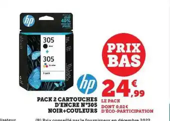 Pack 2 cartouches d'encre n°305 noir + couleurs hp