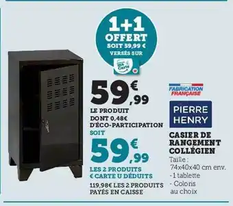 Hyper U Casier de rangement collégien pierre henry offre