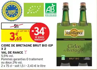 Intermarché Cidre de bretagne brut bio igp x2 val de rance offre