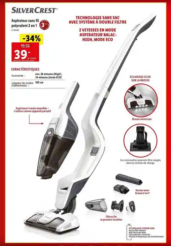 Lidl Aspirateur sans fil polyvalent 2 en 1 silver crest offre