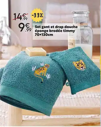 Maxi Bazar Set gant et drap douche éponge brodée timmy 70 x 130 cm offre
