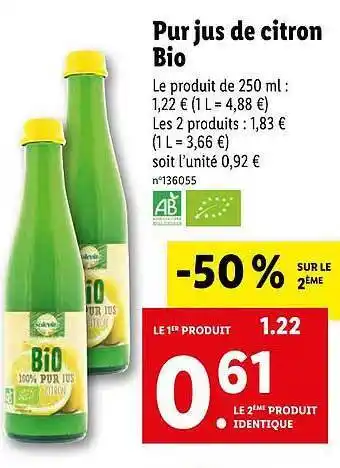 Lidl Pur jus de citron bio solevita offre