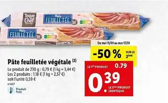 Lidl Pâte feuilletée végétale toque du chef offre