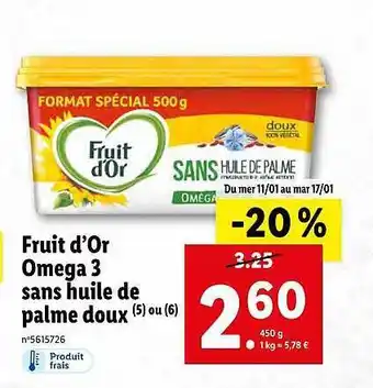 Lidl Fruit d'or oméga 3 sans huile de palme doux offre