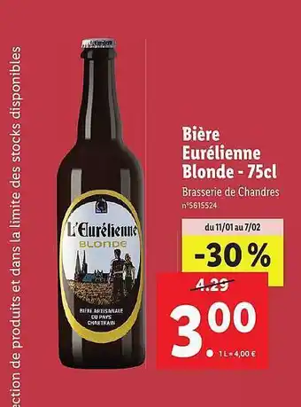 Lidl Bière eurélienne blonde - 75 cl offre