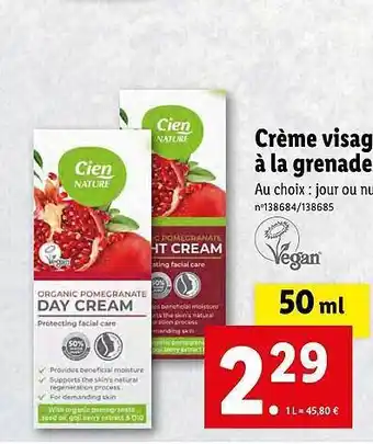 Lidl Crème visage à la grenade cien nature offre