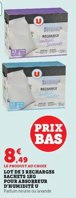 Hyper U Lot de 3 recharges sachets 1kg pour absorbeur d'humidité u offre