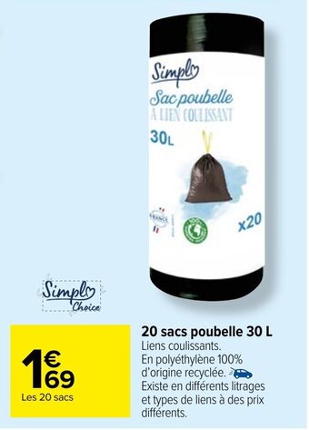 Carrefour Market 20 Sacs Poubelle 30L offre