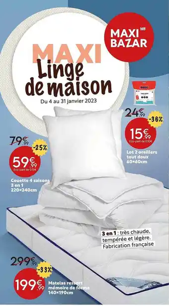Maxi Bazar Couette 4 saison 3 en 1 220 x 240 cm, matelas ressort mémoire de forme 140 x 190 cm, lot 2 oreillers tout doux 60 x 60 cm offre