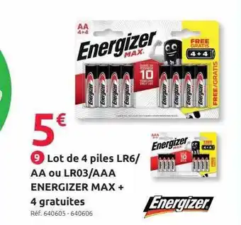 Mr Bricolage Lot de 4 piles lr6 - aa ou lr03 - aaa energizer max + 4 gratuites offre