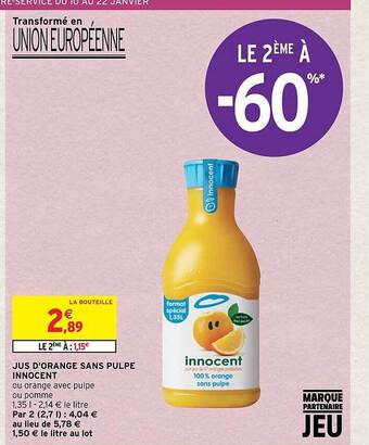 Intermarché Jus d'orange sans pulpe innocent offre