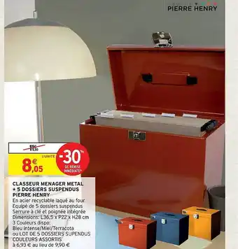 Intermarché Hyper Classeur ménager métal + 5 dossiers suspendus pierre henry offre