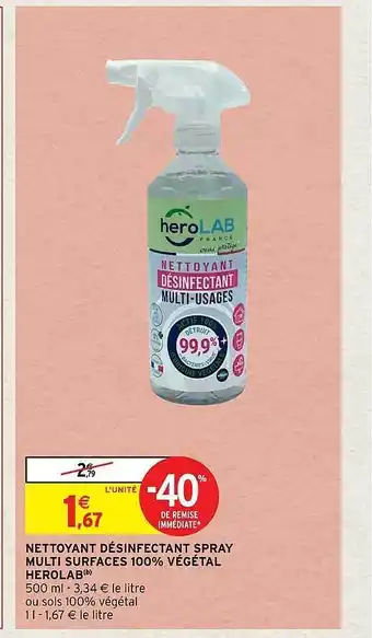 Intermarché Hyper Nettoyant désinfectant spray multi surfaces 100% végétal herolab offre
