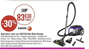 Géant Casino Fagor Aspirateur Sans Sac FG5728 Noir-Bleu Orange offre