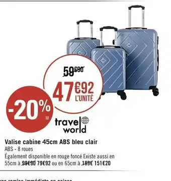 Géant Casino Valise Cabine 45cm ABS Bleu Clair offre