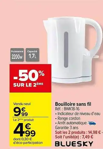 Carrefour Market Bouilloire sans fil bluesky offre
