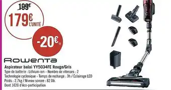 Géant Casino Aspirateur balai yy5034fe rouge-gris rowenta offre