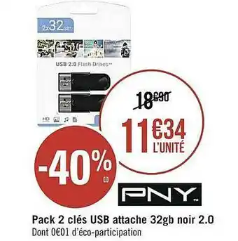 Géant Casino Pack 2 clés usb attache 32gh noir 2.0 pny offre