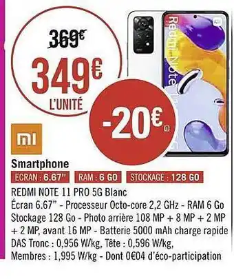 Géant Casino Smartphone redmi note 11 pro 5g blanc xiaomi offre