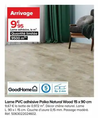Castorama Lame pvc adhésive polka natural wood 15 x 90 cm goodhome offre