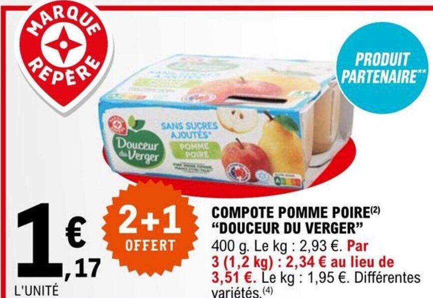 Promo Compote Pomme Poire Douceur Du Verger chez E.Leclerc