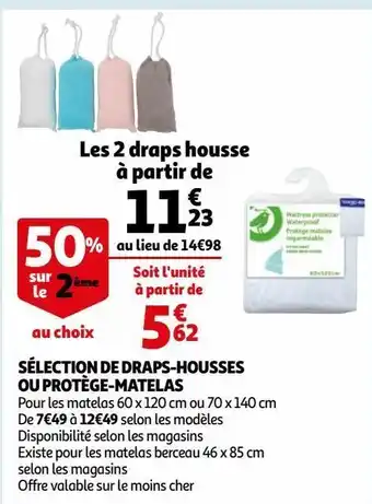 Auchan Sélection de draps-housses ou protège-matelas les 2 draps housse à partir de offre