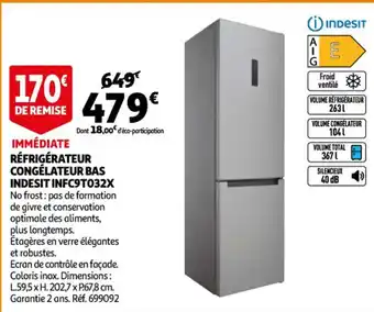 Auchan Immediate Refrigerateur Congelateur Bas Indesit INFCT032X offre