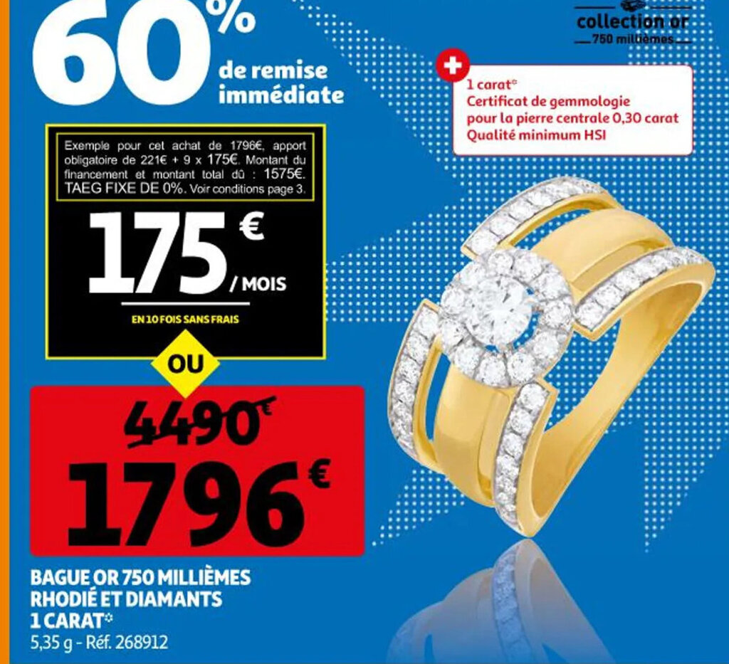 Promo Bague Or 750 Milliemes Rhodie Et Diamants 1 Carat chez Auchan