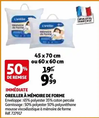 Auchan Oreiller à mémoire de forme 45 x 70 cm ou 60 x 60 cm offre