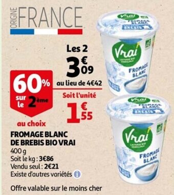 Auchan Fromage blanc de brebis bio vrai offre
