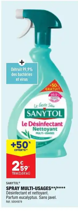 ALDI Sany Spray Multi-Usages Desinfectant Et Nettoyant Parfum Eucalyptus Sans Javel offre