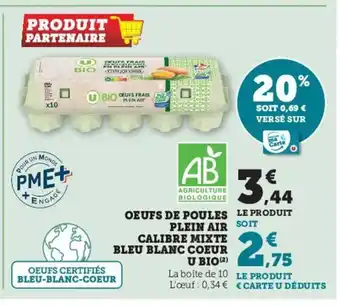 U Express Oeufs de Poules Plein Air Calibre Mixte Bleu Blanc Coeur U Bio offre