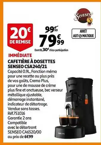 Auchan Cafetière à dosettes senseo csa240-21 offre