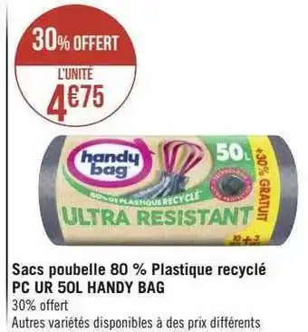 Casino Supermarchés Sacs poubelle 80% plastique recyclé pc ur 50l handy bag offre