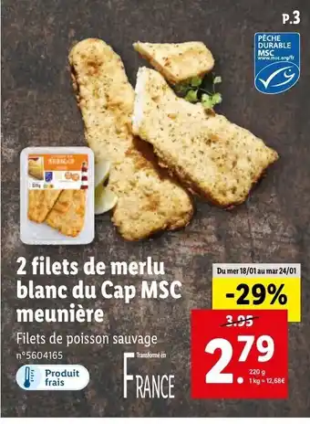 Lidl 2 filets de merlu blanc du Cap MSC meunière offre