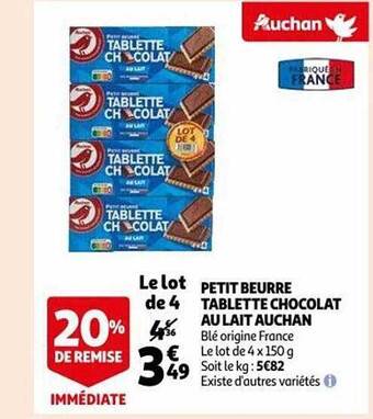 Auchan Petit beurre tablette chocolat au lait auchan offre