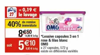 Cora x Carrefour Lessive Capsules 3 En Rose & Lilac Blanc Omo offre