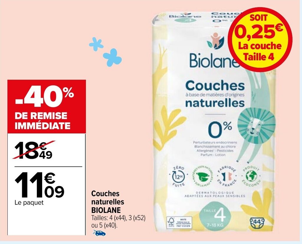Promo Couches naturelles Biolane chez Carrefour