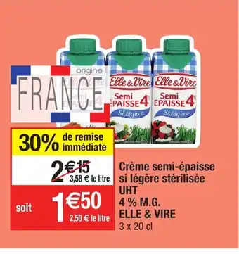 Migros Crème semi-epaisse si légère stérilisée UHT 4 % M.G. elle & vire offre