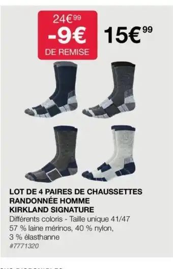 Costco Lot de 4 Paires de Chaussettes Randonnee Homme Kirkland Signature offre