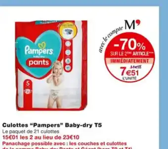 Monoprix Culottes Pampers Baby Dry T5 offre