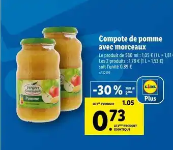 Lidl Compote de pomme avec morceaux vergers gourmands offre